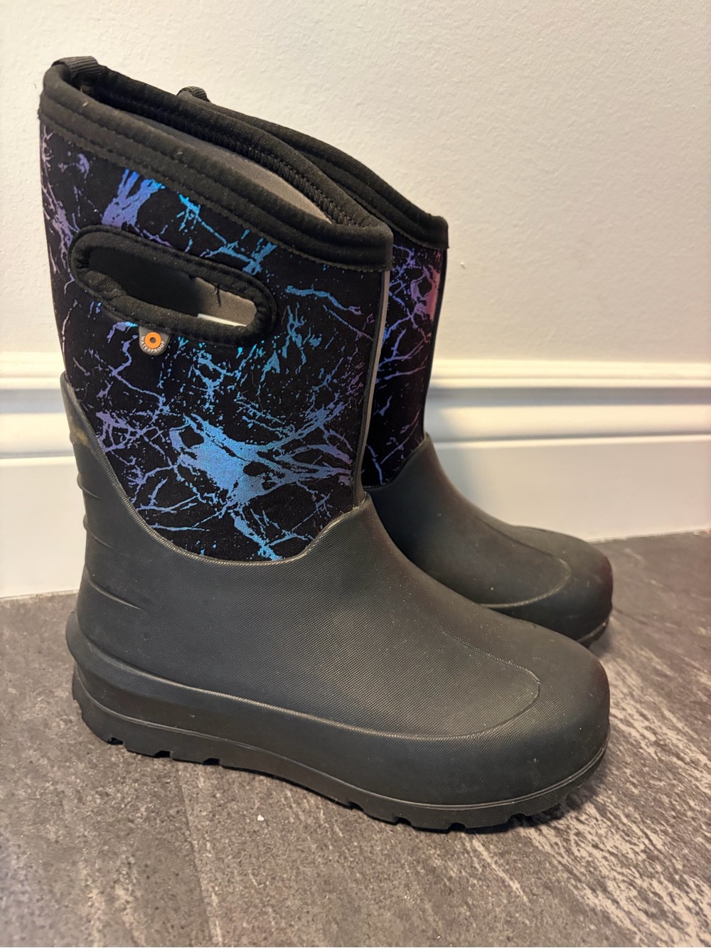 Bogs Kids Black Boots with Blue & Purple Splash